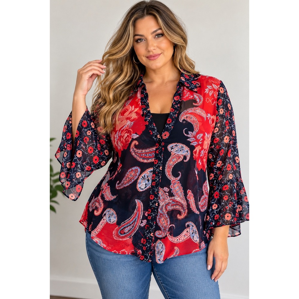Cato Blouse Womens 14/16W Red Paisley Floral Sheer Bell Sleeve Button Down